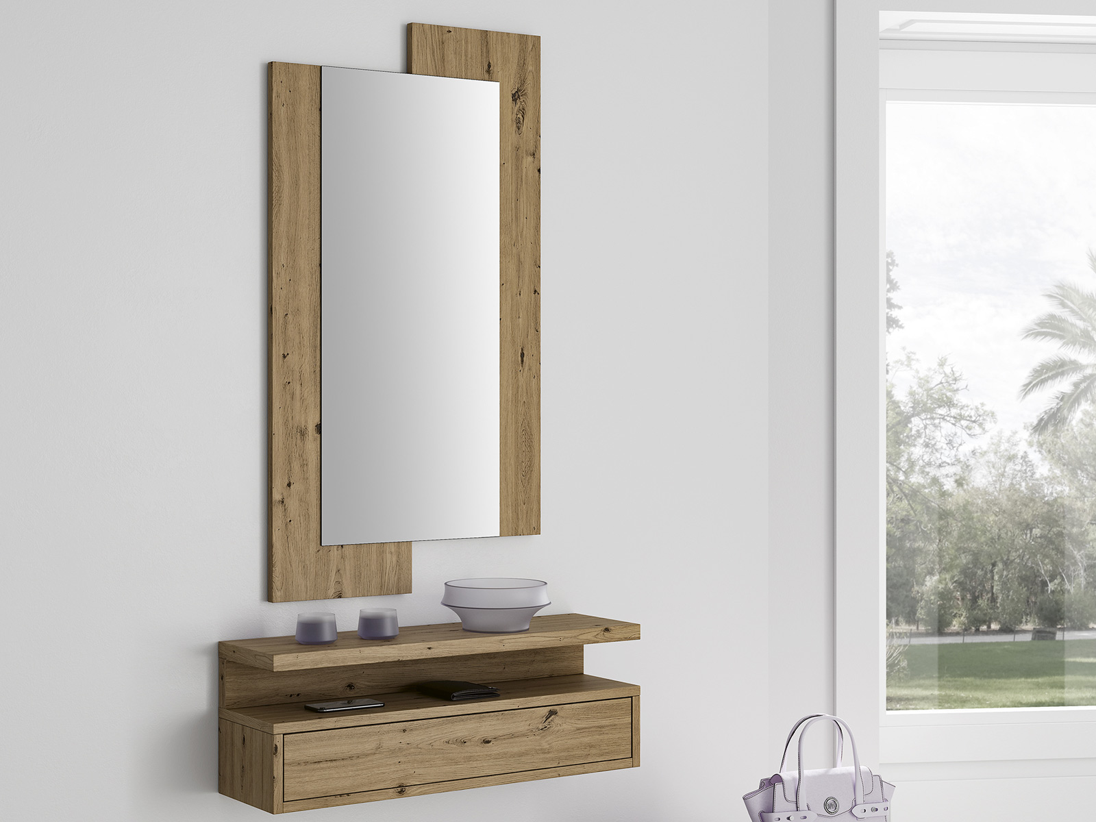 Recibidor moderno con espejo en Murcia, mueble zapatero diseño moderno en Cartagena, consola entrada estilo industrial, cuadro decoración pared salón, mesa centro redonda moderna, mesa escritorio pequeña, muebles auxiliar estilo nórdico, decoración pared moderna en Murcia, zapatero estrecho con espejo en Murcia. Tienda decoración en Murcia