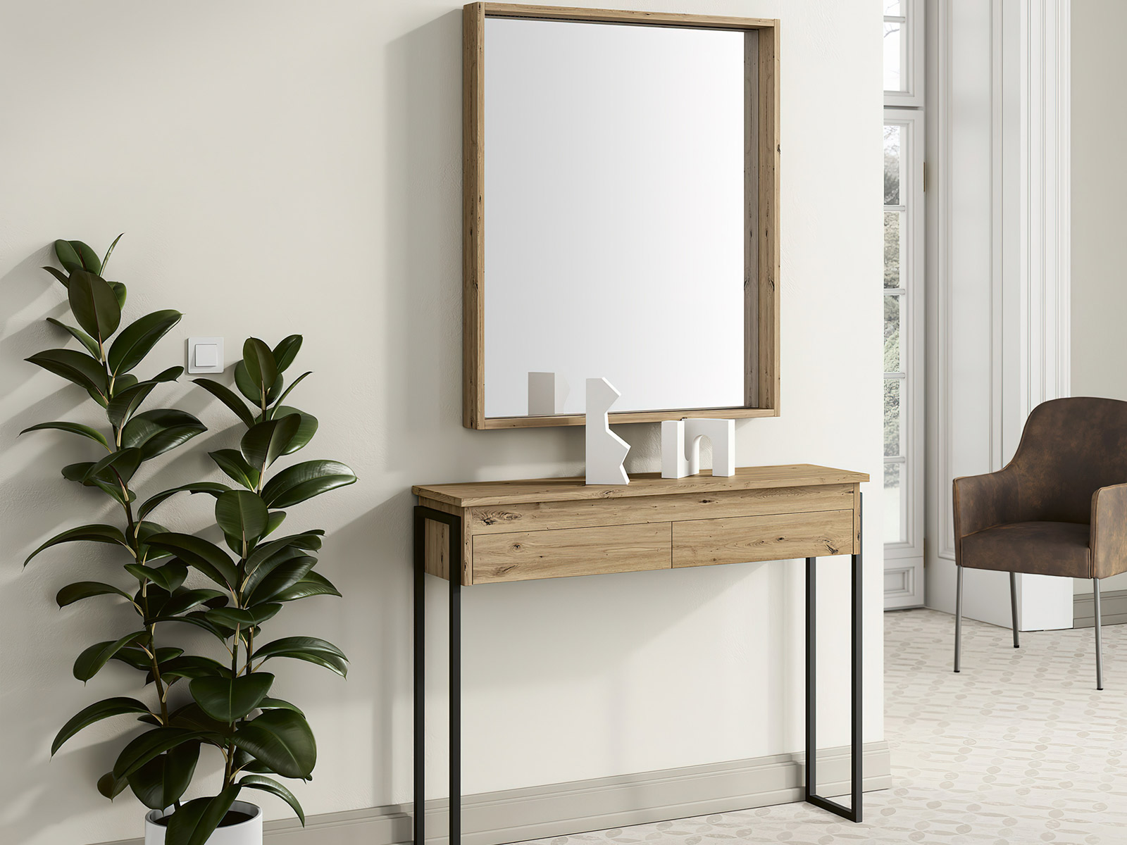 Consola y espejo Recibidor moderno con espejo en Murcia, mueble zapatero diseño moderno en Cartagena, consola entrada estilo industrial, cuadro decoración pared salón, mesa centro redonda moderna, mesa escritorio pequeña, muebles auxiliar estilo nórdico, decoración pared moderna en Murcia, zapatero estrecho con espejo en Murcia. Tienda decoración en Murcia