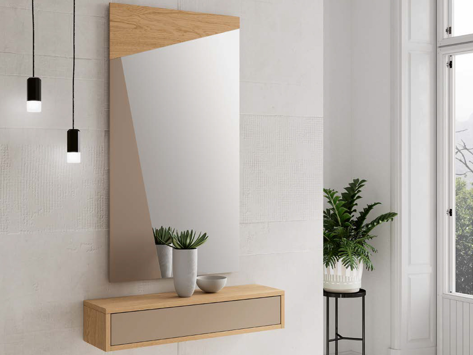 Consola y espejo Recibidor moderno con espejo en Murcia, mueble zapatero diseño moderno en Cartagena, consola entrada estilo industrial, cuadro decoración pared salón, mesa centro redonda moderna, mesa escritorio pequeña, muebles auxiliar estilo nórdico, decoración pared moderna en Murcia, zapatero estrecho con espejo en Murcia. Tienda decoración en Murcia