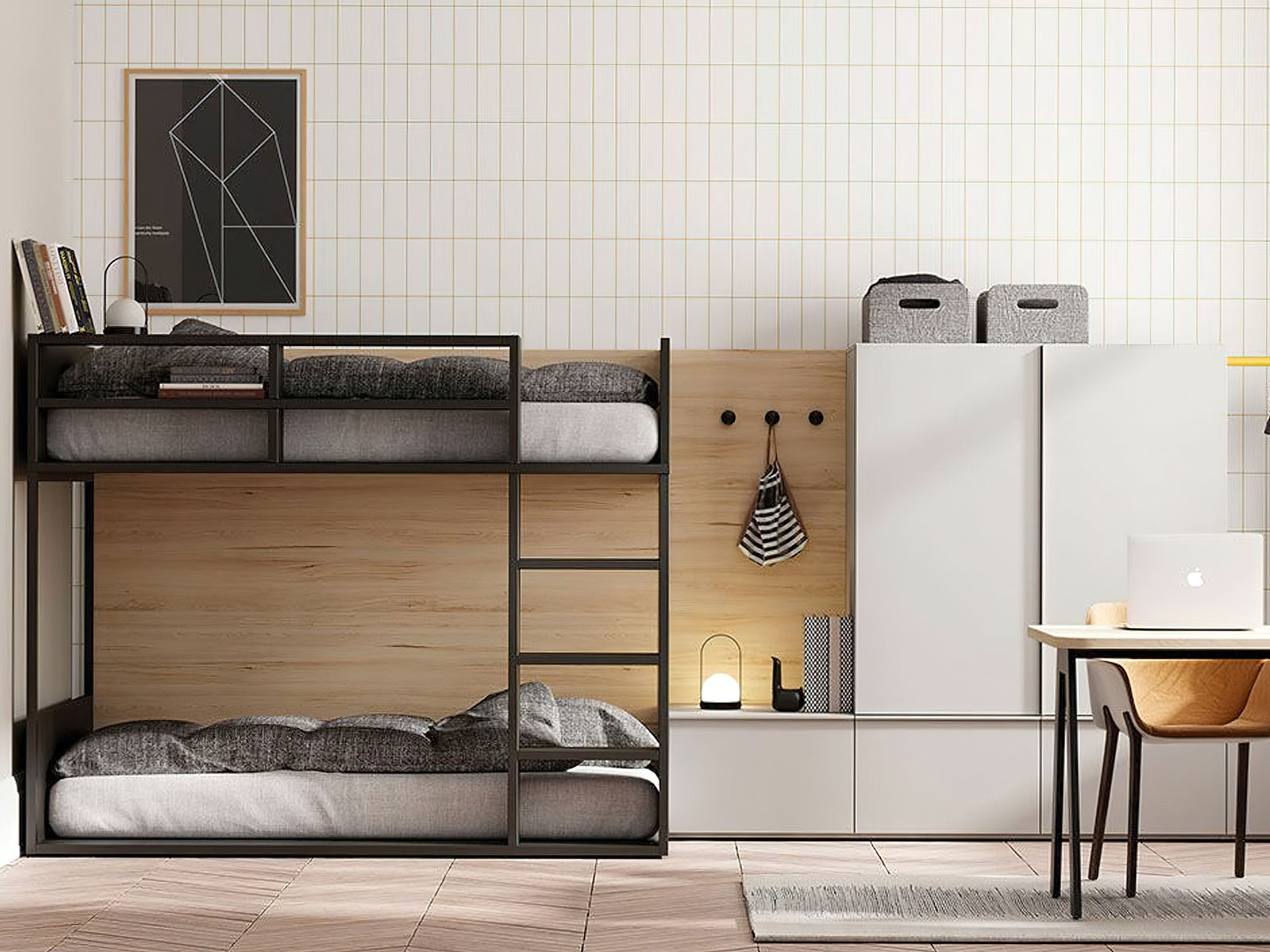 Dormitorio juvenil completo moderno en Murcia, cama nido en Cartagena, litera con escritorio integrado Murcia, compacto juvenil diseño funcional, escritorio juvenil moderno, armario dormitorio juvenil Murcia, habitación juvenil pequeña amueblada, mesita noche práctica, cama abatible vertical Murcia, cama compacta con almacenaje Cartagena, cómoda juvenil colores neutros.