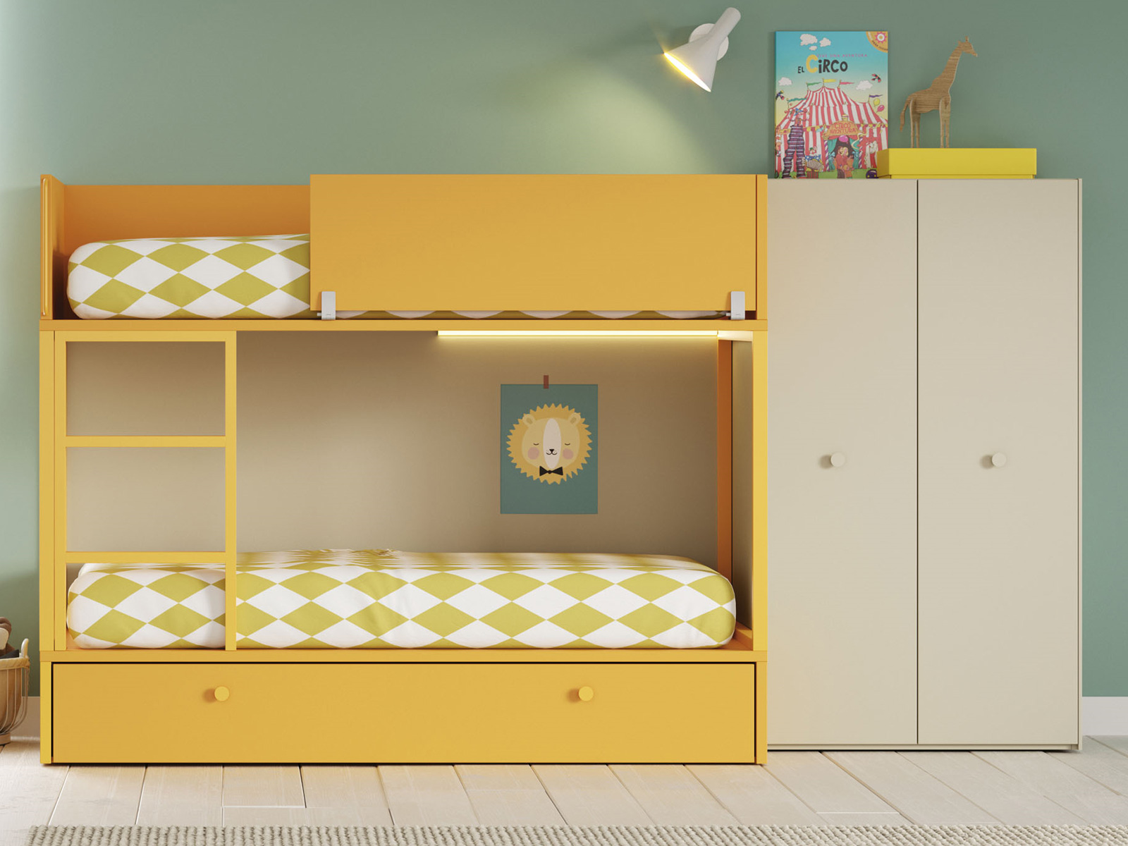 Dormitorio juvenil completo moderno en Murcia, cama nido en Cartagena, litera con escritorio integrado Murcia, compacto juvenil diseño funcional, escritorio juvenil moderno, armario dormitorio juvenil Murcia, habitación juvenil pequeña amueblada, mesita noche práctica, cama abatible vertical Murcia, cama compacta con almacenaje Cartagena, cómoda juvenil colores neutros.