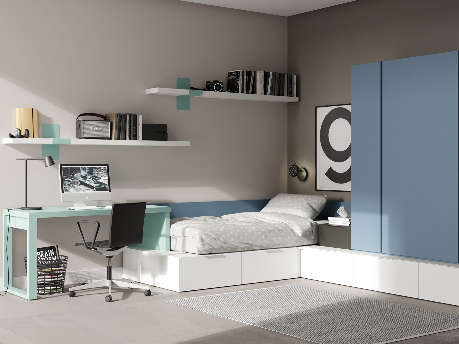 Cama nido cajones Dormitorio juvenil completo moderno en Murcia, cama nido en Cartagena, litera con escritorio integrado Murcia, compacto juvenil diseño funcional, escritorio juvenil moderno, armario dormitorio juvenil Murcia, habitación juvenil pequeña amueblada, mesita noche práctica, cama abatible vertical Murcia, cama compacta con almacenaje Cartagena, cómoda juvenil colores neutros.