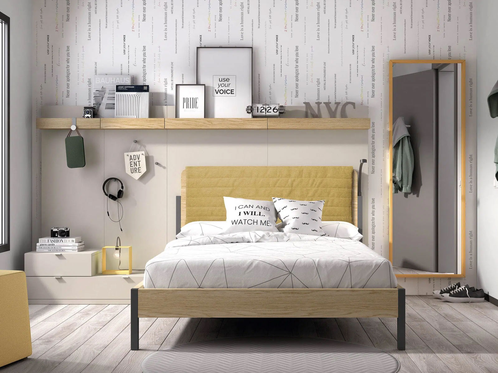 Cama doble para dormitorio juvenil Dormitorio juvenil completo moderno en Murcia, cama nido en Cartagena, litera con escritorio integrado Murcia, compacto juvenil diseño funcional, escritorio juvenil moderno, armario dormitorio juvenil Murcia, habitación juvenil pequeña amueblada, mesita noche práctica, cama abatible vertical Murcia, cama compacta con almacenaje Cartagena, cómoda juvenil colores neutros.