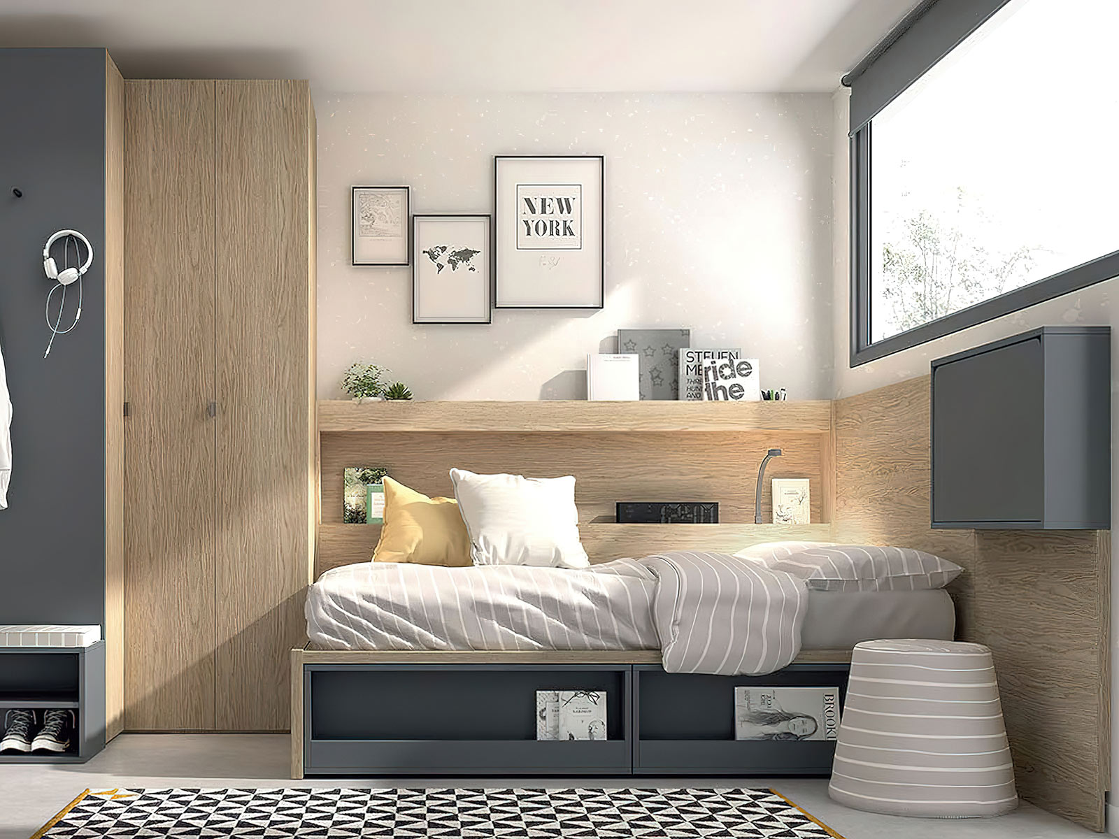 Cama nido con cajones Dormitorio juvenil completo moderno en Murcia, cama nido en Cartagena, litera con escritorio integrado Murcia, compacto juvenil diseño funcional, escritorio juvenil moderno, armario dormitorio juvenil Murcia, habitación juvenil pequeña amueblada, mesita noche práctica, cama abatible vertical Murcia, cama compacta con almacenaje Cartagena, cómoda juvenil colores neutros.