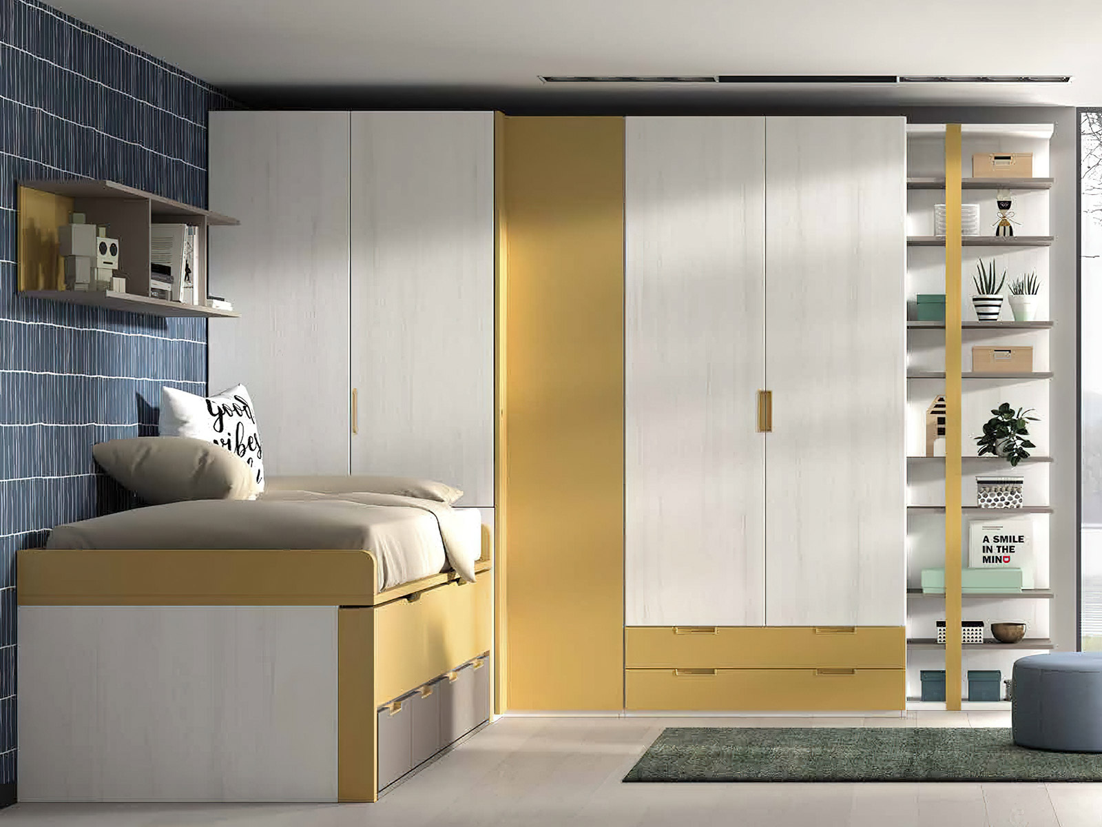 Cama compacta y armario Dormitorio juvenil completo moderno en Murcia, cama nido en Cartagena, litera con escritorio integrado Murcia, compacto juvenil diseño funcional, escritorio juvenil moderno, armario dormitorio juvenil Murcia, habitación juvenil pequeña amueblada, mesita noche práctica, cama abatible vertical Murcia, cama compacta con almacenaje Cartagena, cómoda juvenil colores neutros.