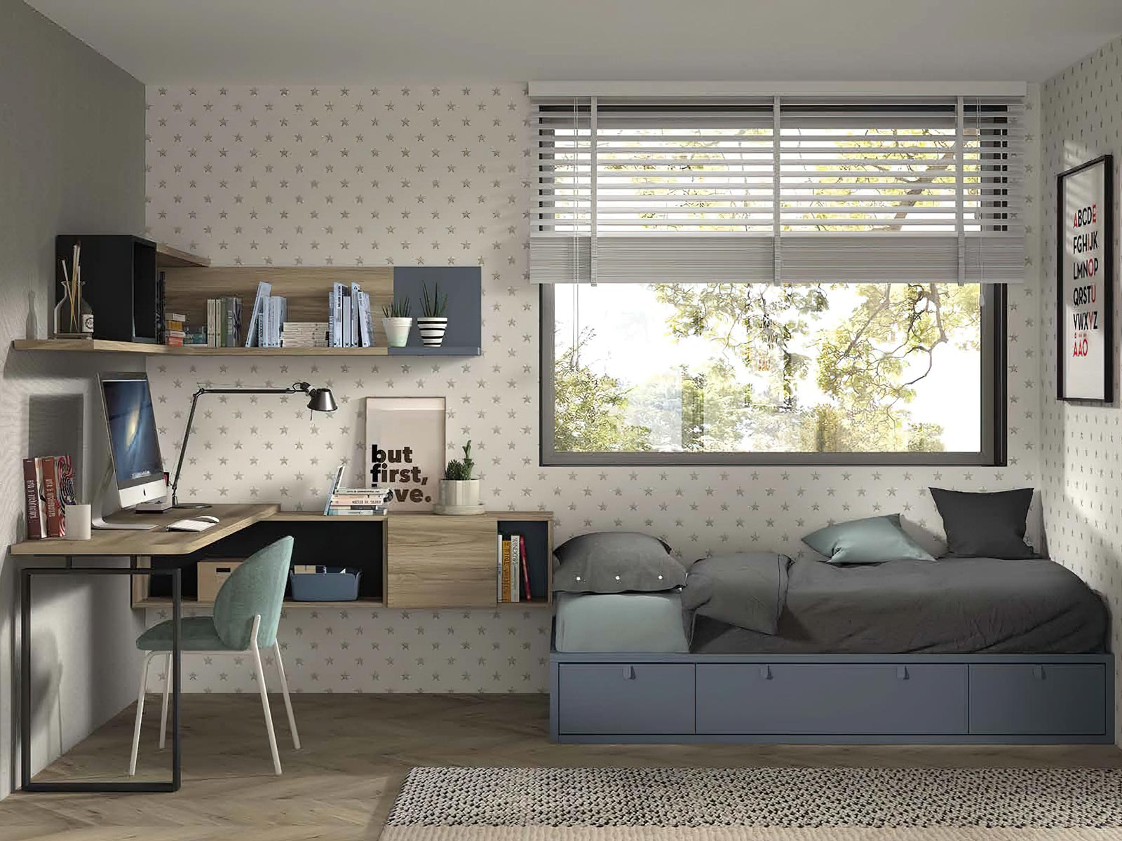 Cama nido y escritorio Dormitorio juvenil completo moderno en Murcia, cama nido en Cartagena, litera con escritorio integrado Murcia, compacto juvenil diseño funcional, escritorio juvenil moderno, armario dormitorio juvenil Murcia, habitación juvenil pequeña amueblada, mesita noche práctica, cama abatible vertical Murcia, cama compacta con almacenaje Cartagena, cómoda juvenil colores neutros.