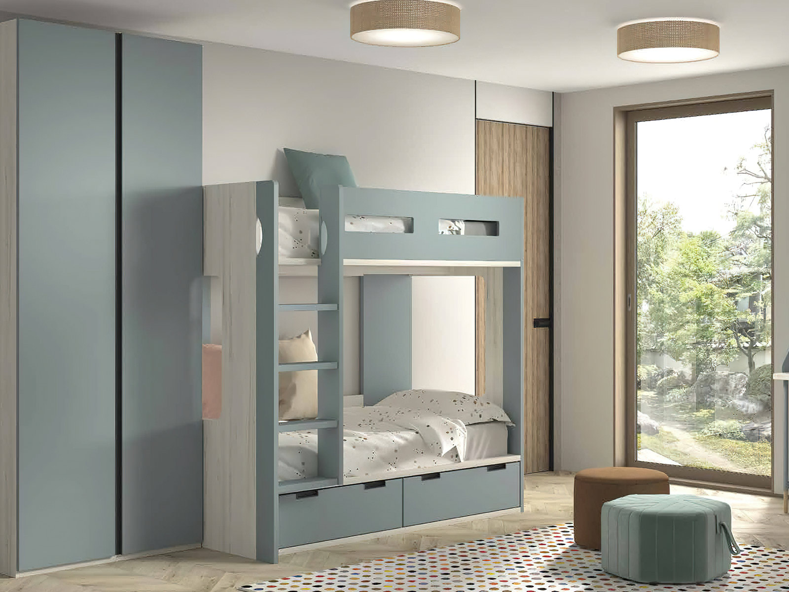 Dormitorio juvenil completo moderno en Murcia, cama nido en Cartagena, litera con escritorio integrado Murcia, compacto juvenil diseño funcional, escritorio juvenil moderno, armario dormitorio juvenil Murcia, habitación juvenil pequeña amueblada, mesita noche práctica, cama abatible vertical Murcia, cama compacta con almacenaje Cartagena, cómoda juvenil colores neutros.