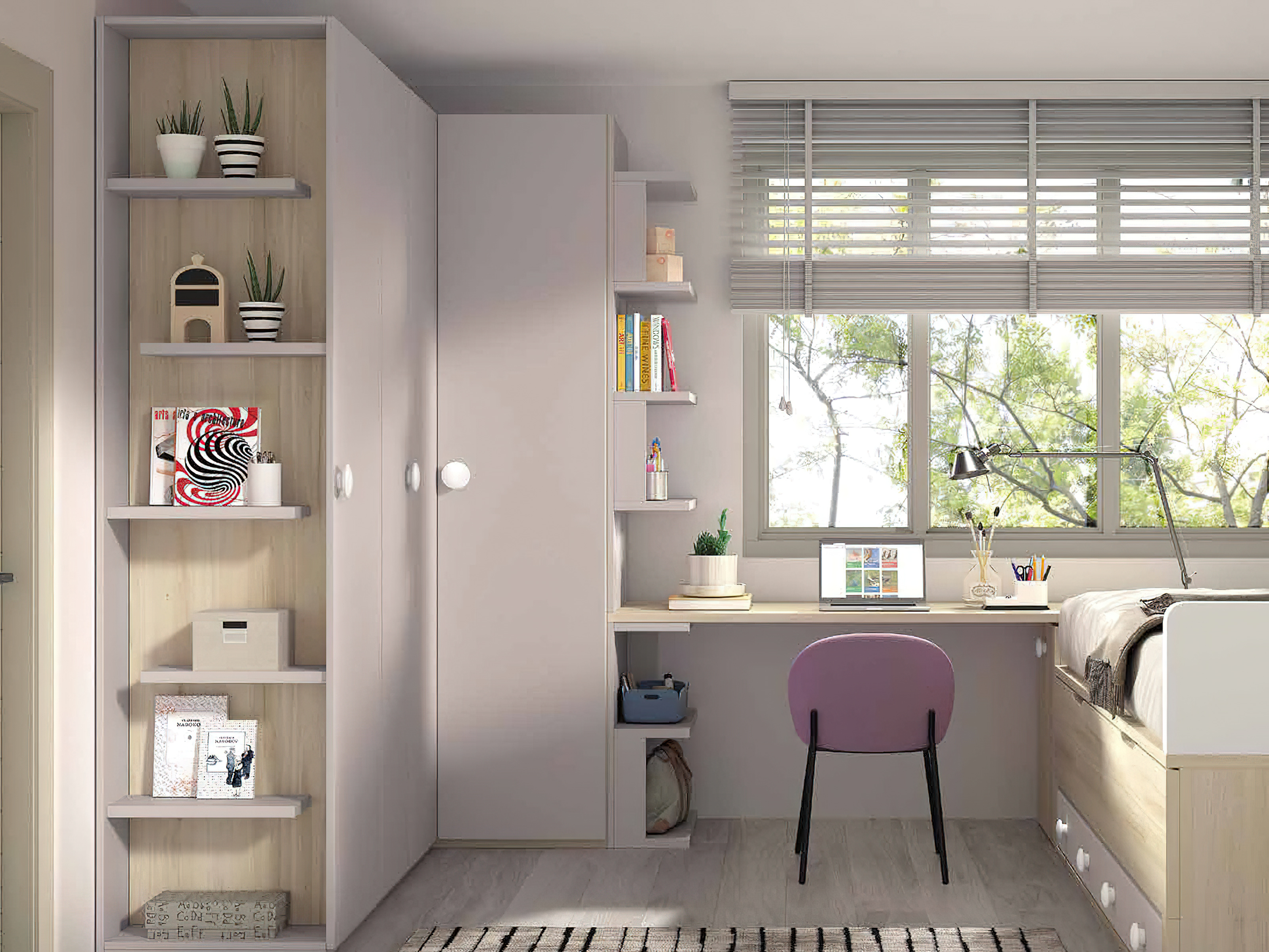 Dormitorio juvenil completo moderno en Murcia, cama nido en Cartagena, litera con escritorio integrado Murcia, compacto juvenil diseño funcional, escritorio juvenil moderno, armario dormitorio juvenil Murcia, habitación juvenil pequeña amueblada, mesita noche práctica, cama abatible vertical Murcia, cama compacta con almacenaje Cartagena, cómoda juvenil colores neutros.