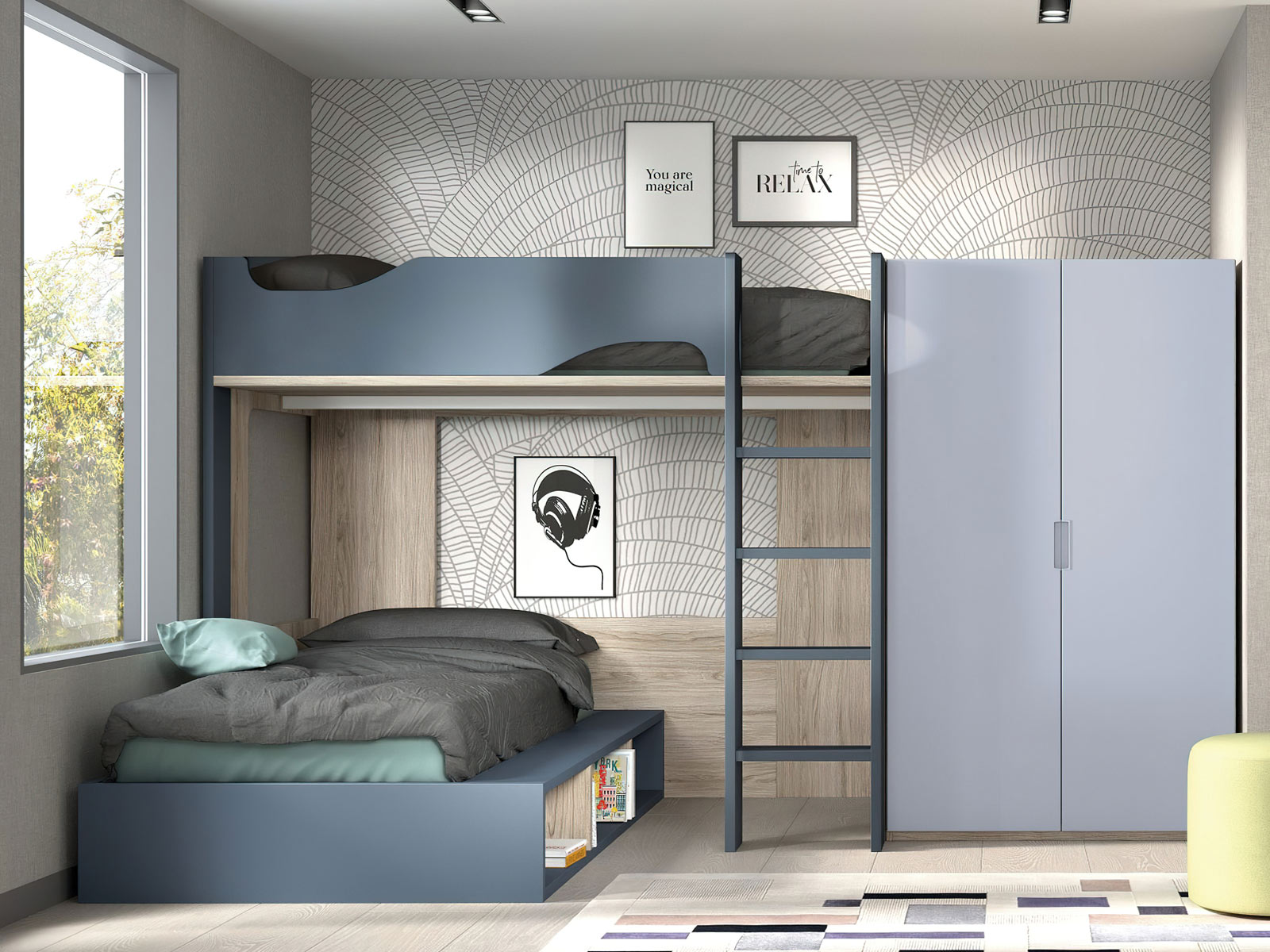 Dormitorio juvenil completo moderno en Murcia, cama nido en Cartagena, litera con escritorio integrado Murcia, compacto juvenil diseño funcional, escritorio juvenil moderno, armario dormitorio juvenil Murcia, habitación juvenil pequeña amueblada, mesita noche práctica, cama abatible vertical Murcia, cama compacta con almacenaje Cartagena, cómoda juvenil colores neutros.