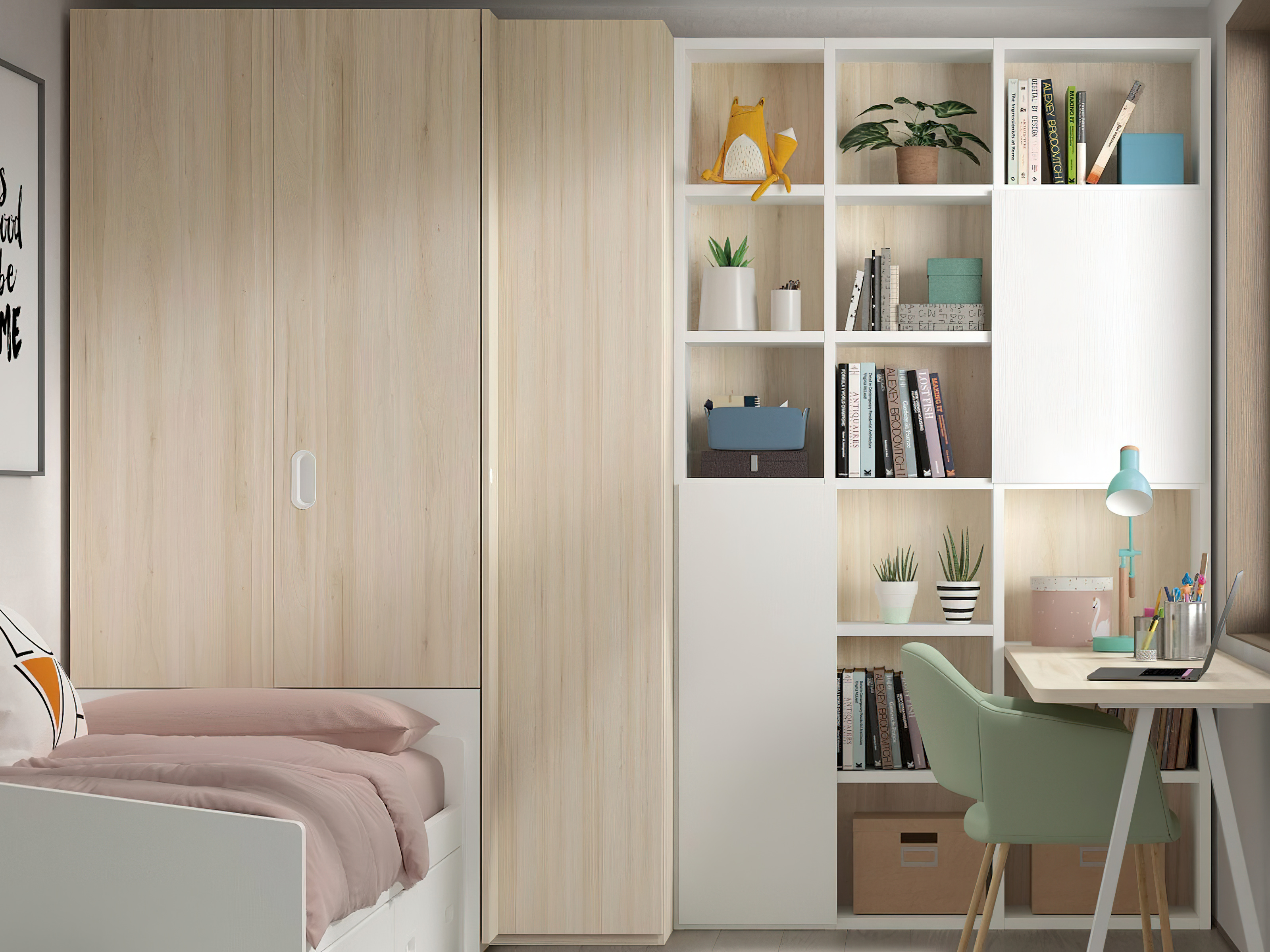 Dormitorio juvenil completo moderno en Murcia, cama nido en Cartagena, litera con escritorio integrado Murcia, compacto juvenil diseño funcional, escritorio juvenil moderno, armario dormitorio juvenil Murcia, habitación juvenil pequeña amueblada, mesita noche práctica, cama abatible vertical Murcia, cama compacta con almacenaje Cartagena, cómoda juvenil colores neutros.