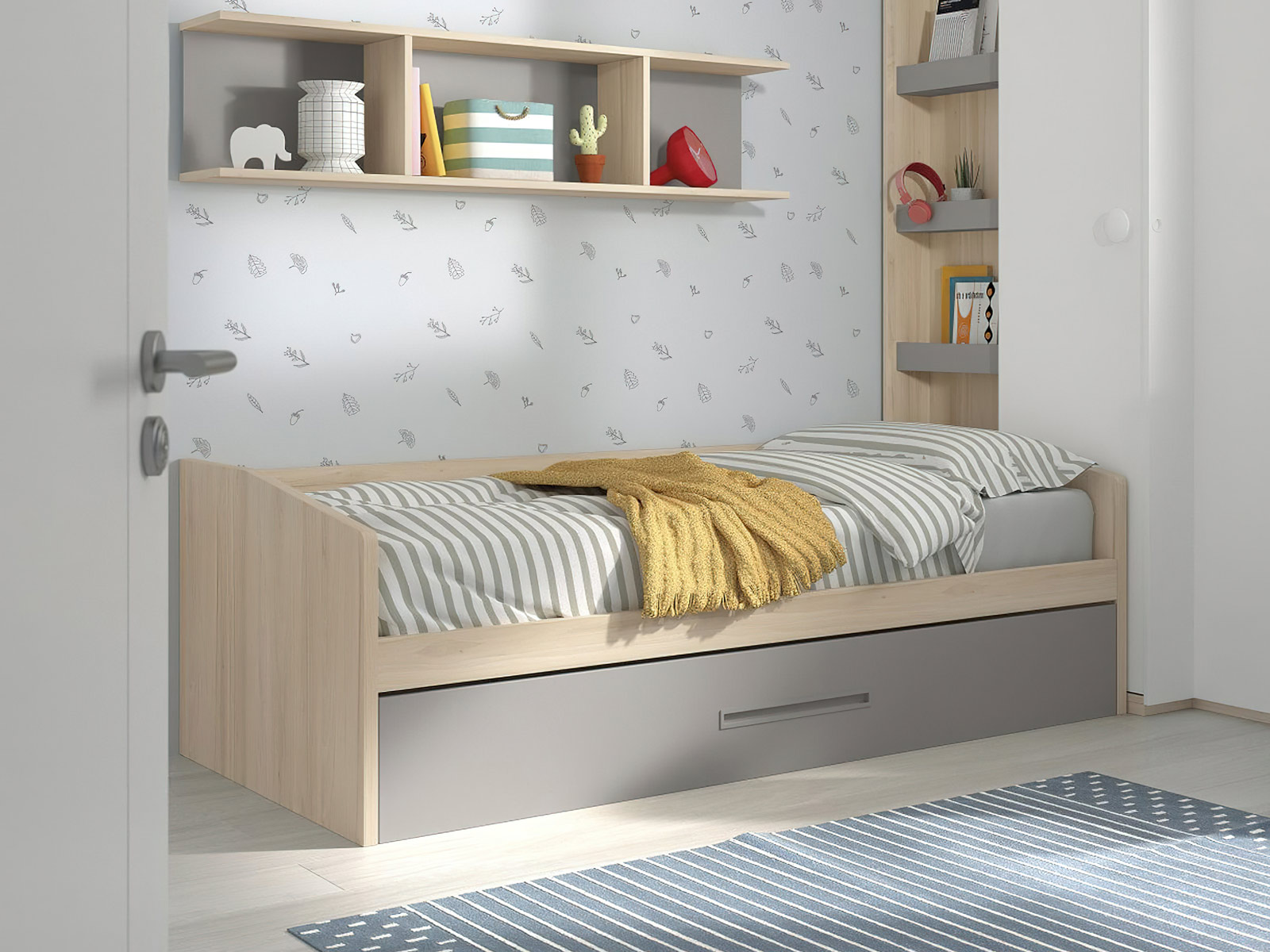 Cama nido Dormitorio juvenil completo moderno en Murcia, cama nido en Cartagena, litera con escritorio integrado Murcia, compacto juvenil diseño funcional, escritorio juvenil moderno, armario dormitorio juvenil Murcia, habitación juvenil pequeña amueblada, mesita noche práctica, cama abatible vertical Murcia, cama compacta con almacenaje Cartagena, cómoda juvenil colores neutros.