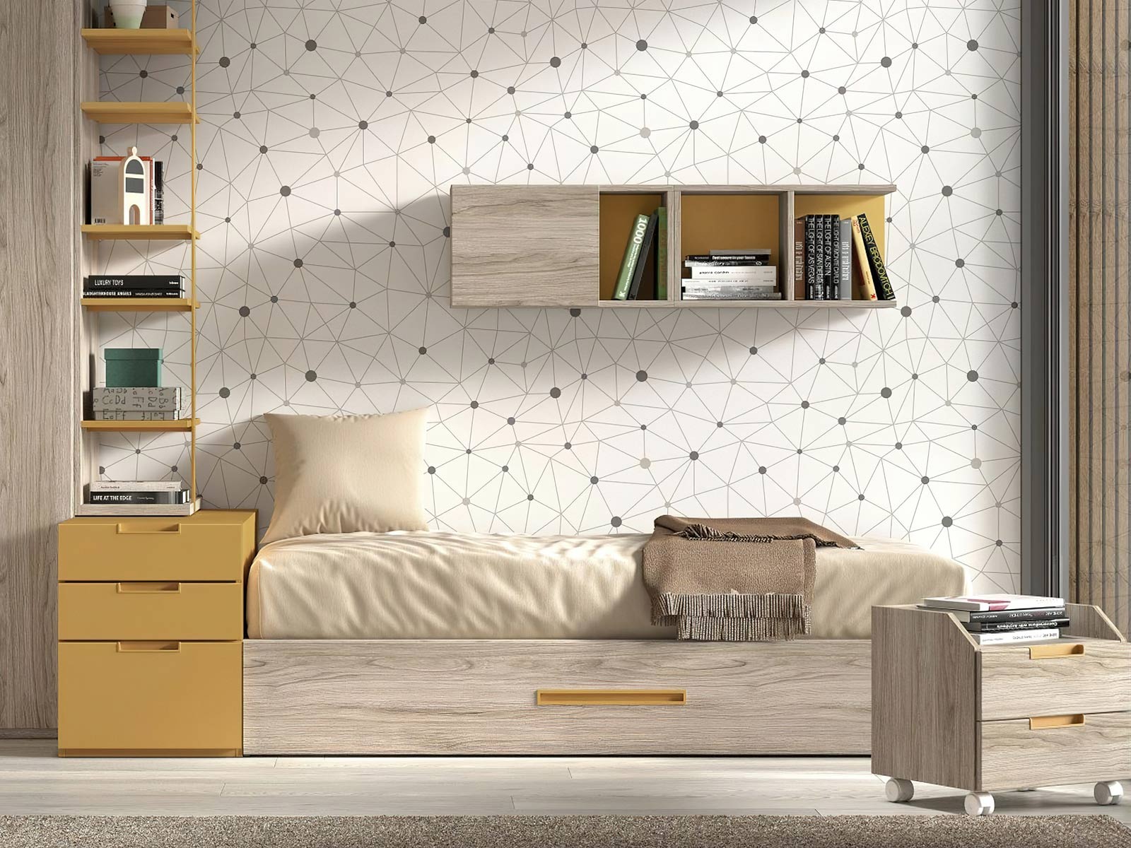 Cama nido modular Dormitorio juvenil completo moderno en Murcia, cama nido en Cartagena, litera con escritorio integrado Murcia, compacto juvenil diseño funcional, escritorio juvenil moderno, armario dormitorio juvenil Murcia, habitación juvenil pequeña amueblada, mesita noche práctica, cama abatible vertical Murcia, cama compacta con almacenaje Cartagena, cómoda juvenil colores neutros.