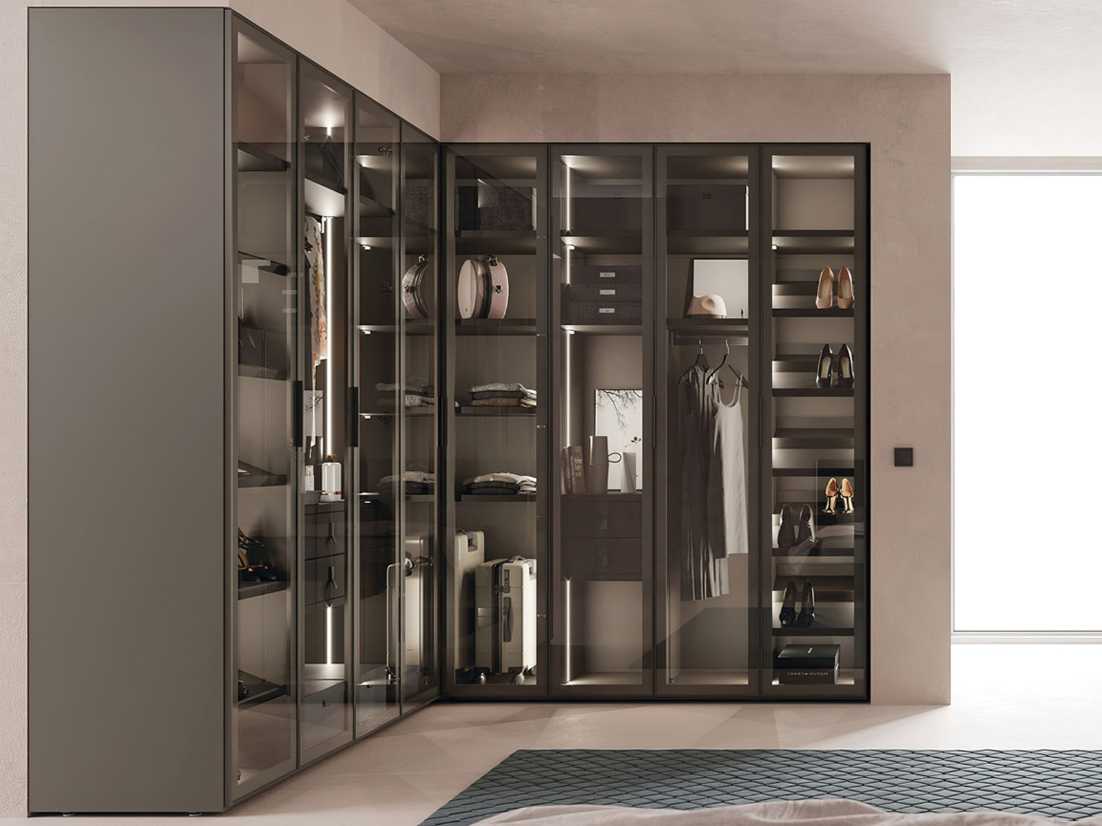 Armario con puertas de cristal Dormitorio matrimonio moderno en Cartagena, cabezal tapizado diseño moderno en Murcia, mesita noche con cajones, Sinfonier moderno en Murcia, cama dormitorio principal con almacenaje, cómoda moderna en Cartagena, armario vestidor a medida en Murcia, armario puertas correderas en Cartagena, dormitorio diseño industrial.