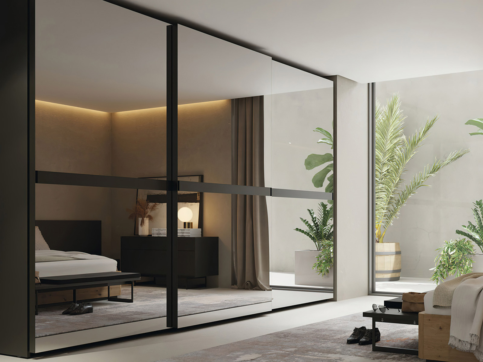 Armario con puertas correderas de espejo Dormitorio matrimonio moderno en Cartagena, cabezal tapizado diseño moderno en Murcia, mesita noche con cajones, Sinfonier moderno en Murcia, cama dormitorio principal con almacenaje, cómoda moderna en Cartagena, armario vestidor a medida en Murcia, armario puertas correderas en Cartagena, dormitorio diseño industrial.