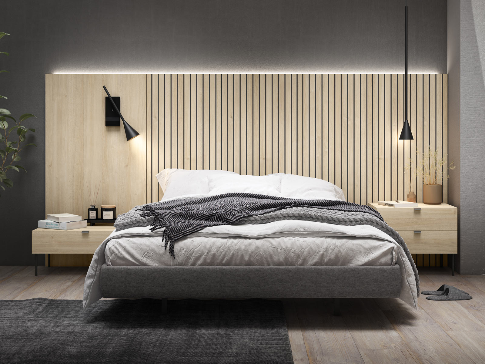 Dormitorio matrimonio moderno en Cartagena, cabezal tapizado diseño moderno en Murcia, mesita noche con cajones, Sinfonier moderno en Murcia, cama dormitorio principal con almacenaje, cómoda moderna en Cartagena, armario vestidor a medida en Murcia, armario puertas correderas en Cartagena, dormitorio diseño industrial.