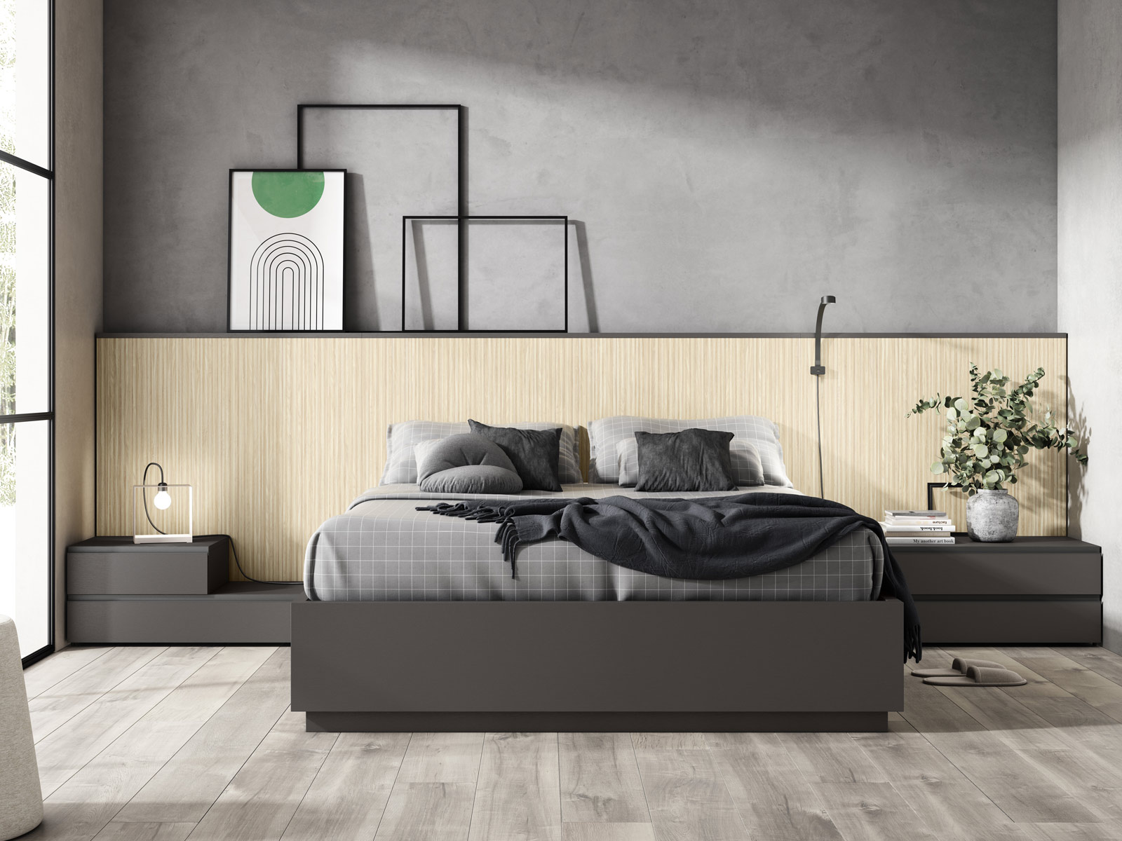 Dormitorio matrimonio moderno en Cartagena, cabezal tapizado diseño moderno en Murcia, mesita noche con cajones, Sinfonier moderno en Murcia, cama dormitorio principal con almacenaje, cómoda moderna en Cartagena, armario vestidor a medida en Murcia, armario puertas correderas en Cartagena, dormitorio diseño industrial.