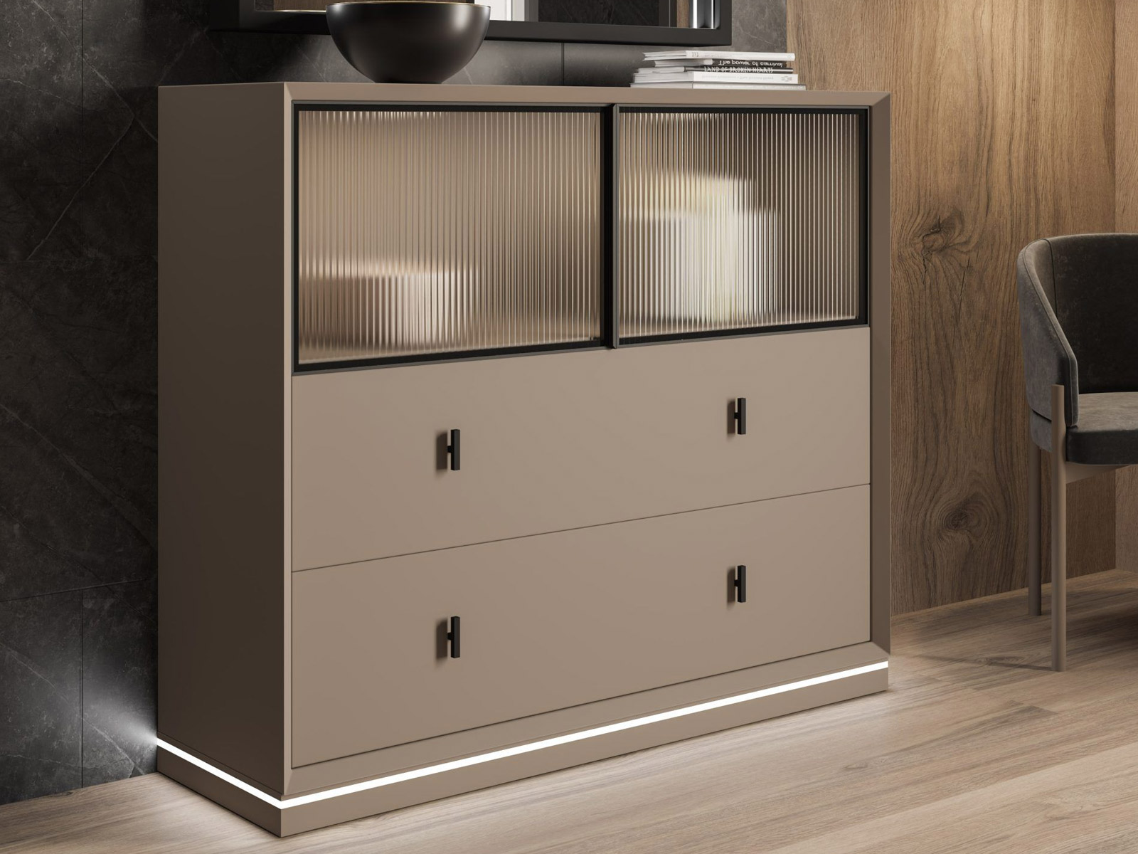 Dormitorio matrimonio moderno en Cartagena, cabezal tapizado diseño moderno en Murcia, mesita noche con cajones, Sinfonier moderno en Murcia, cama dormitorio principal con almacenaje, cómoda moderna en Cartagena, armario vestidor a medida en Murcia, armario puertas correderas en Cartagena, dormitorio diseño industrial.