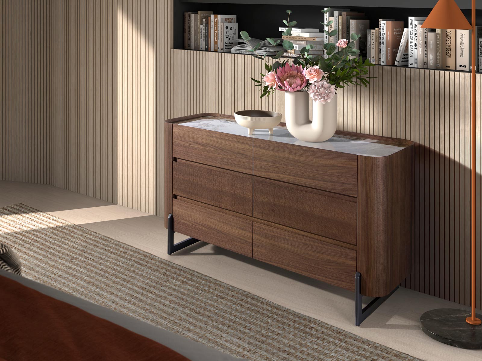 Dormitorio matrimonio moderno en Cartagena, cabezal tapizado diseño moderno en Murcia, mesita noche con cajones, Sinfonier moderno en Murcia, cama dormitorio principal con almacenaje, cómoda moderna en Cartagena, armario vestidor a medida en Murcia, armario puertas correderas en Cartagena, dormitorio diseño industrial.