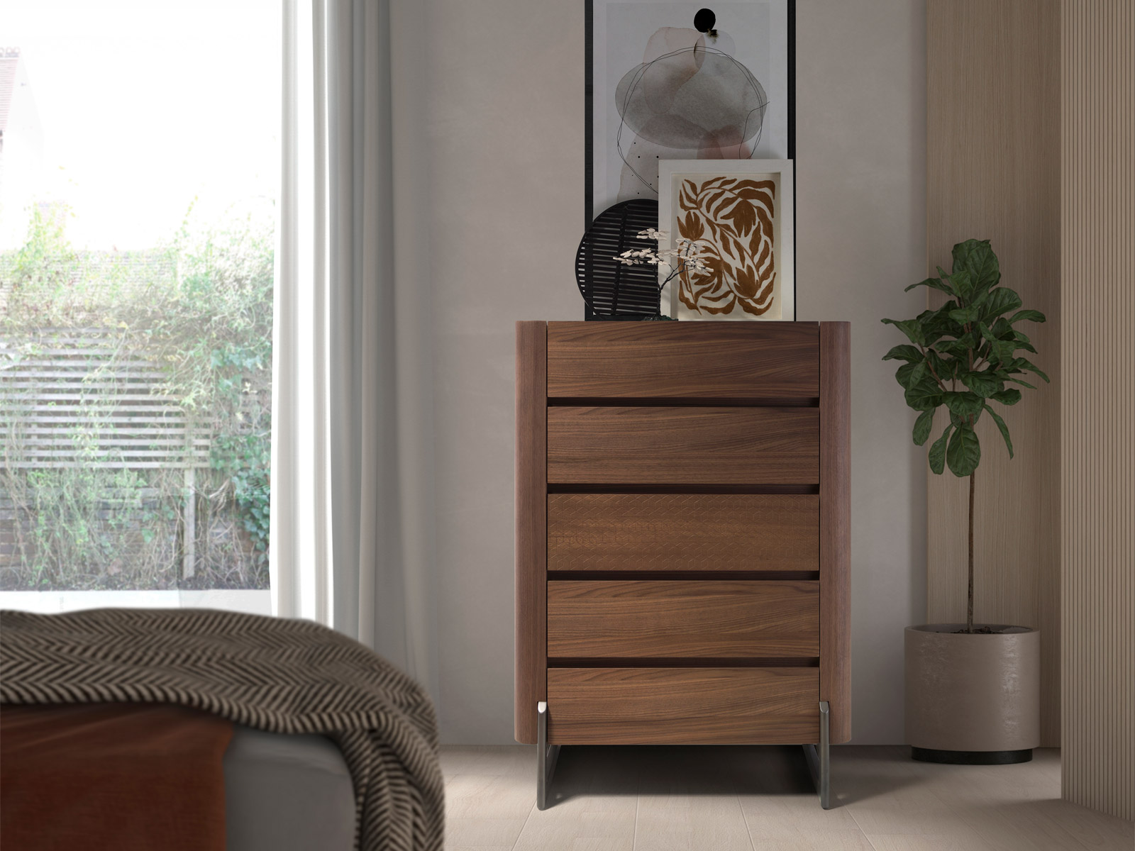 Dormitorio matrimonio moderno en Cartagena, cabezal tapizado diseño moderno en Murcia, mesita noche con cajones, Sinfonier moderno en Murcia, cama dormitorio principal con almacenaje, cómoda moderna en Cartagena, armario vestidor a medida en Murcia, armario puertas correderas en Cartagena, dormitorio diseño industrial.