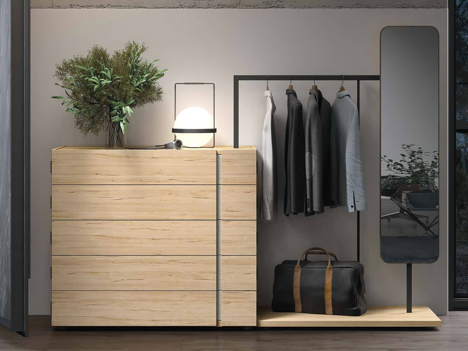 Dormitorio matrimonio moderno en Cartagena, cabezal tapizado diseño moderno en Murcia, mesita noche con cajones, Sinfonier moderno en Murcia, cama dormitorio principal con almacenaje, cómoda moderna en Cartagena, armario vestidor a medida en Murcia, armario puertas correderas en Cartagena, dormitorio diseño industrial.