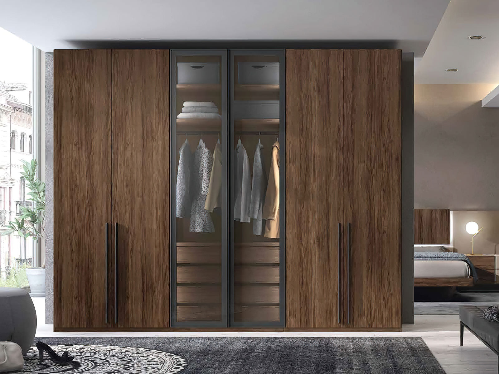 Armario de puertas batientes Dormitorio matrimonio moderno en Cartagena, cabezal tapizado diseño moderno en Murcia, mesita noche con cajones, Sinfonier moderno en Murcia, cama dormitorio principal con almacenaje, cómoda moderna en Cartagena, armario vestidor a medida en Murcia, armario puertas correderas en Cartagena, dormitorio diseño industrial.