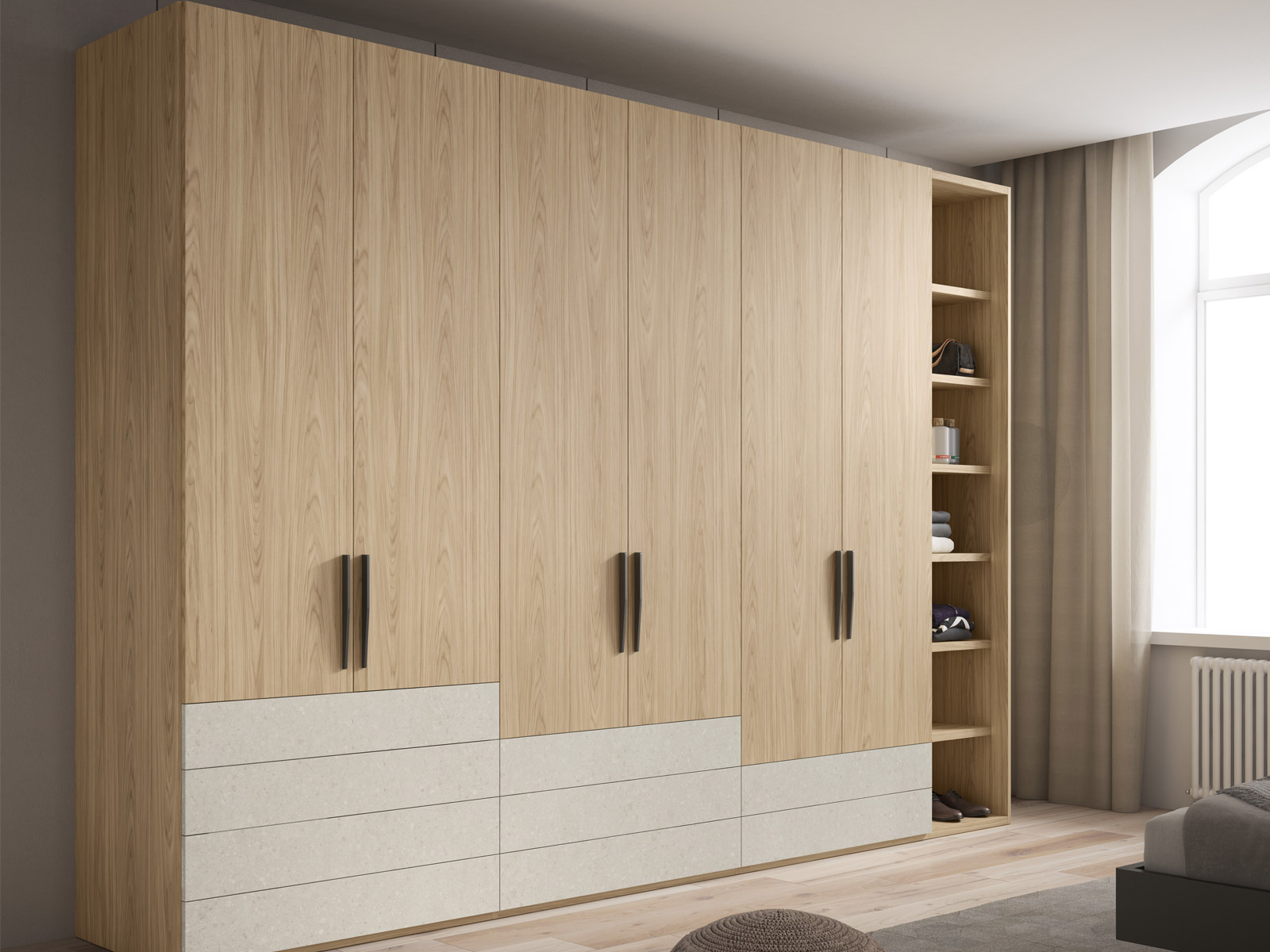 Armario de puertas batientes y cajones vistos Dormitorio matrimonio moderno en Cartagena, cabezal tapizado diseño moderno en Murcia, mesita noche con cajones, Sinfonier moderno en Murcia, cama dormitorio principal con almacenaje, cómoda moderna en Cartagena, armario vestidor a medida en Murcia, armario puertas correderas en Cartagena, dormitorio diseño industrial.