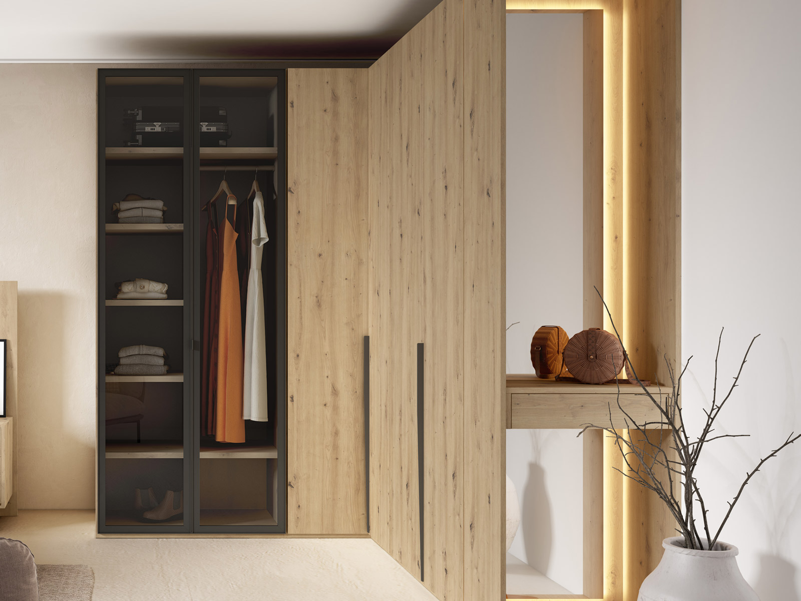 Armario de rincón Dormitorio matrimonio moderno en Cartagena, cabezal tapizado diseño moderno en Murcia, mesita noche con cajones, Sinfonier moderno en Murcia, cama dormitorio principal con almacenaje, cómoda moderna en Cartagena, armario vestidor a medida en Murcia, armario puertas correderas en Cartagena, dormitorio diseño industrial.